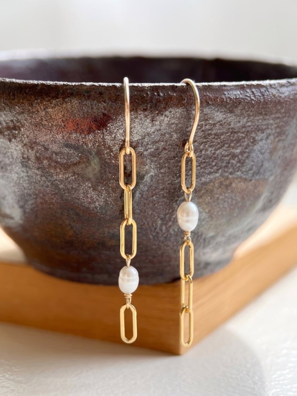 Paperclip Chain Rice Pearl Drop Earrings Gold Filled Statement Earrings